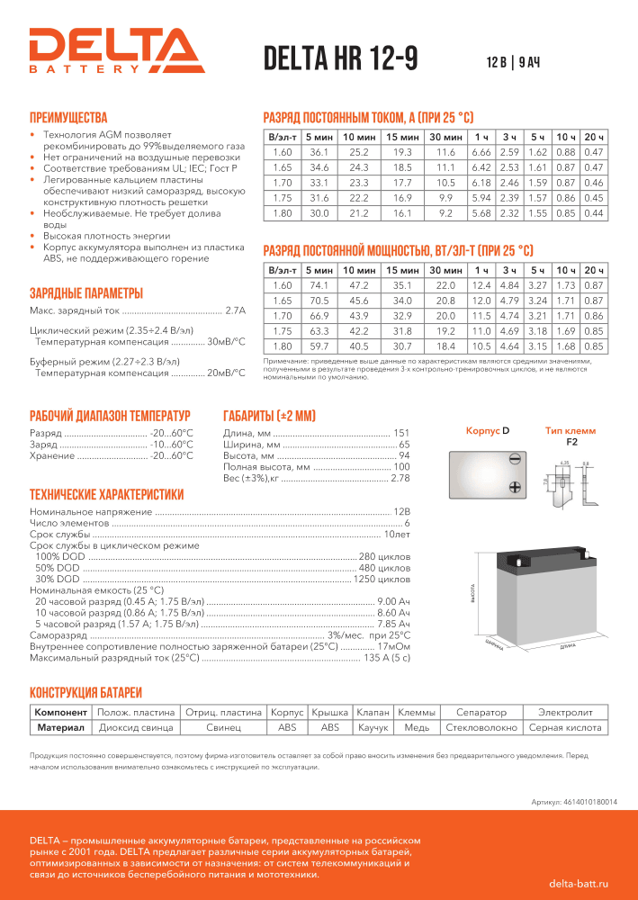 Аккумуляторная батарея DELTA BATTERY HR 12-9